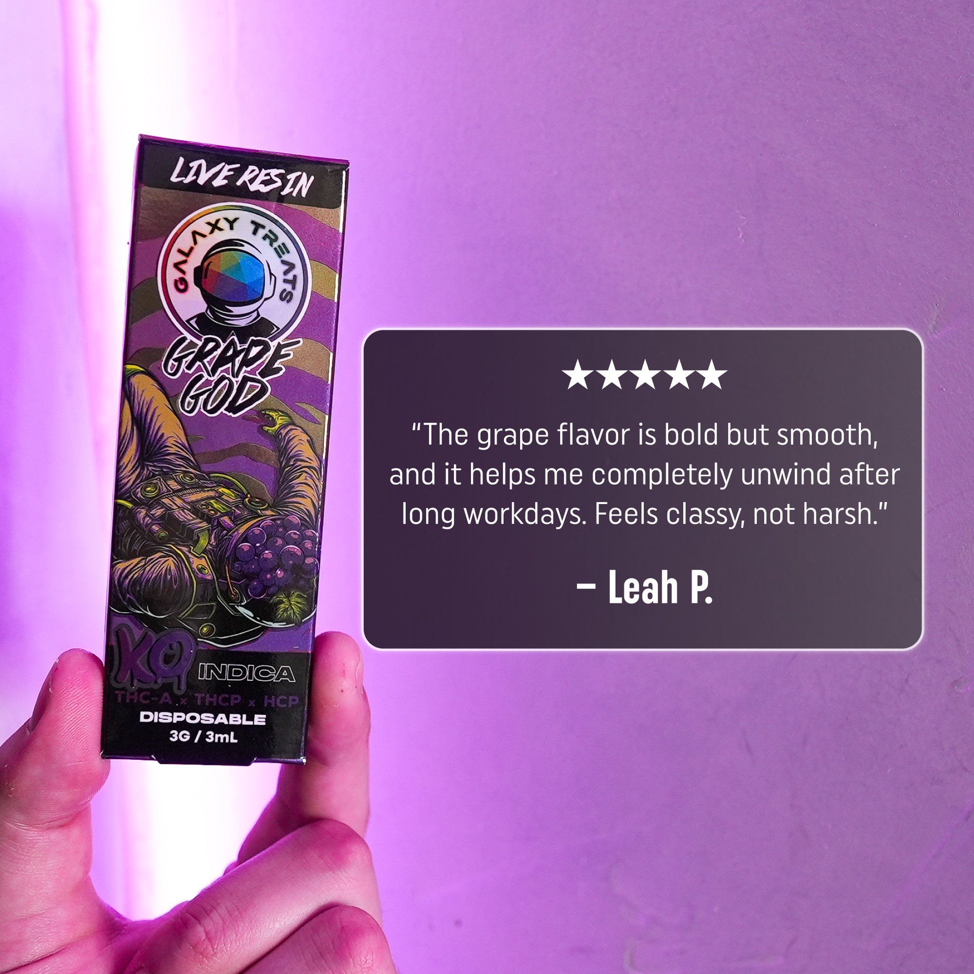 Grape God Vape Pen - Live Resin Indica - Front Shot of Packaging and Disposable Device - 5 Star Testimonial - Galaxy Treats in the U.S.