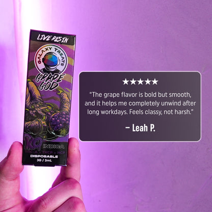 Grape God Vape Pen - Live Resin Indica - Front Shot of Packaging and Disposable Device - 5 Star Testimonial - Galaxy Treats in the U.S.