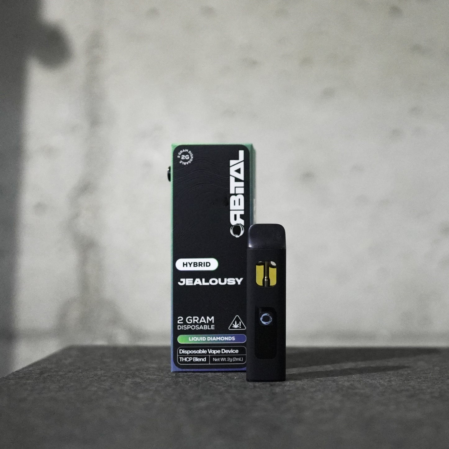 Jealousy Vape - Orbital 2G Hybrid Disposable - THCP Liquid Diamonds - Front Shot Packaging Box and Device - Galaxy Treats in the U.S.