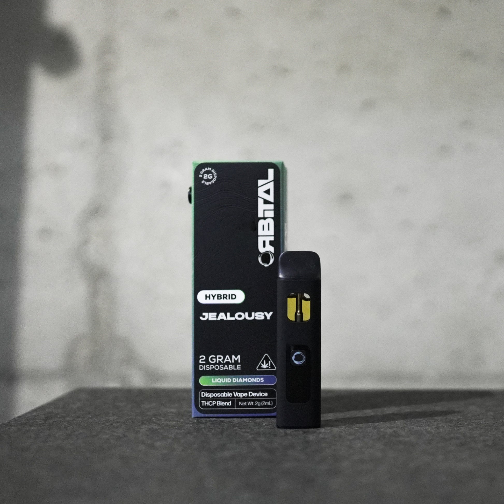 Jealousy Vape - Orbital 2G Hybrid Disposable - THCP Liquid Diamonds - Front Shot Packaging Box and Device - Galaxy Treats in the U.S.