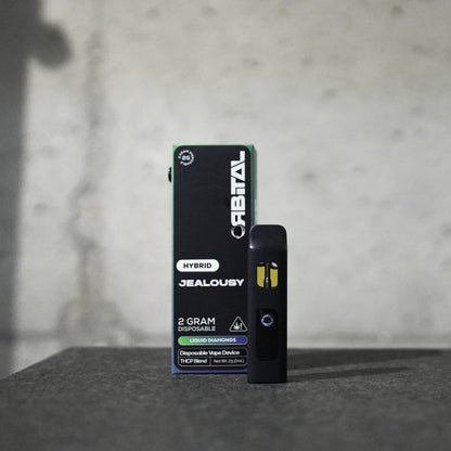 Jealousy Vape - Orbital 2G Hybrid Disposable - THCP Liquid Diamonds - Front Shot Packaging Box and Device - Galaxy Treats in the U.S.