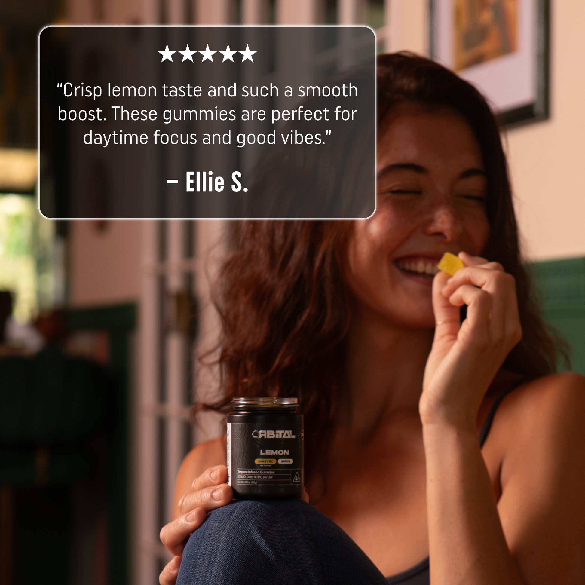 Lemon Delta 9 Sativa Gummies - 10MG Delta 9 - Smiling Woman Eating Gummy out of Jar - 5 Star Review - Galaxy Treats in the U.S.
