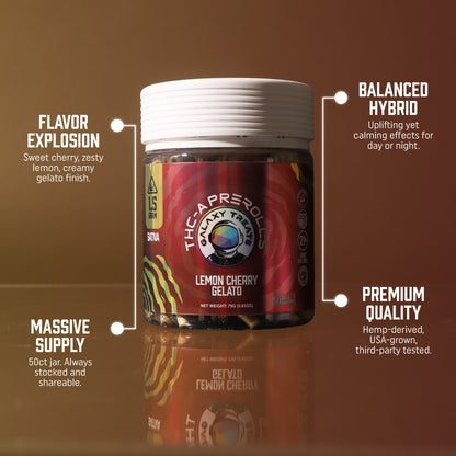 Lemon Cherry Gelato THCA Prerolls - 1.5 Gram Sativa Flower - Front Shot of Packaging - Hemp Derived Smokable Top Selling Points - Galaxy Treats in the U.S.