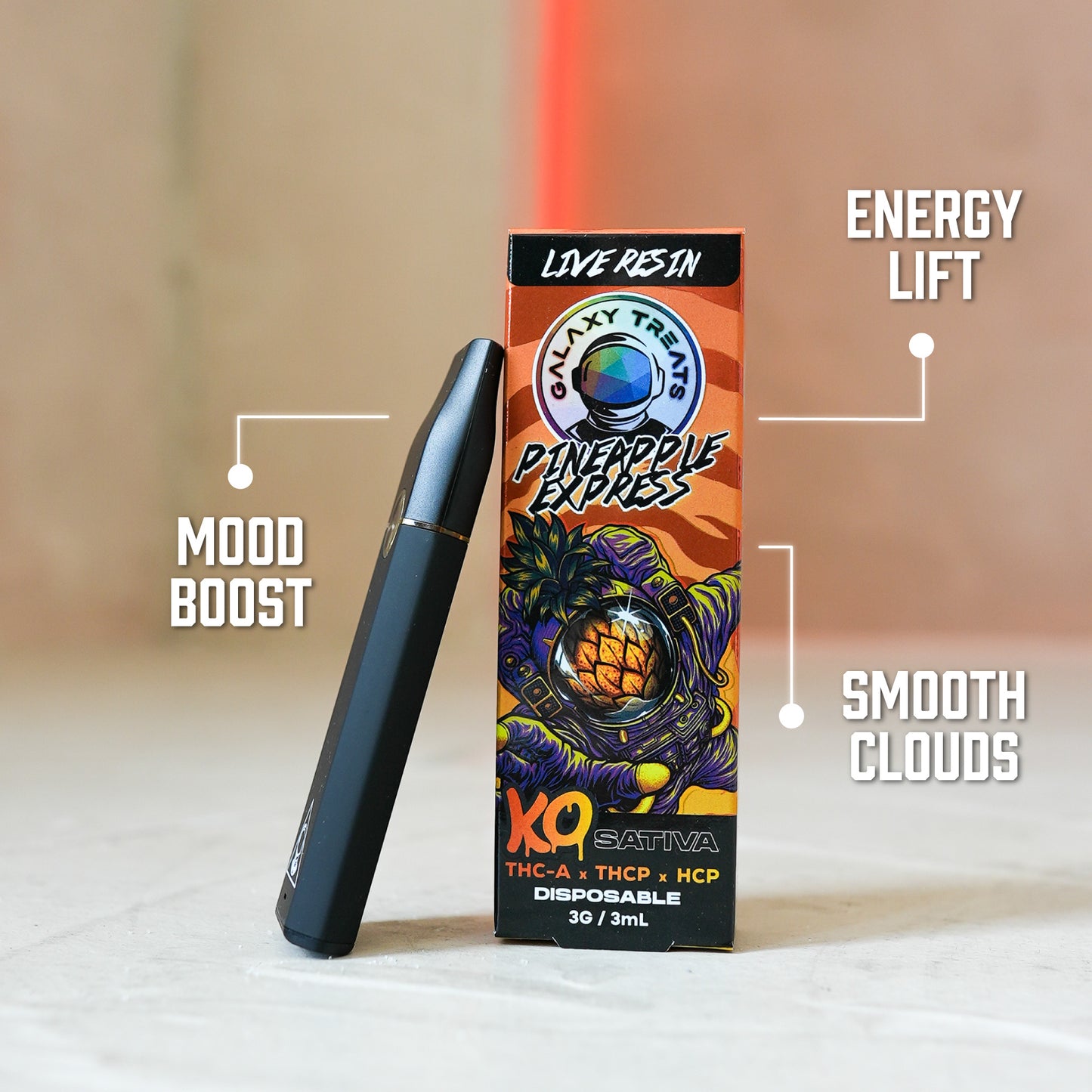 Pineapple Express Vape Pen - Live Resin Sativa - Front Shot of Packaging and Vape Device - Disposable Benefits - Galaxy Treats in the U.S.
