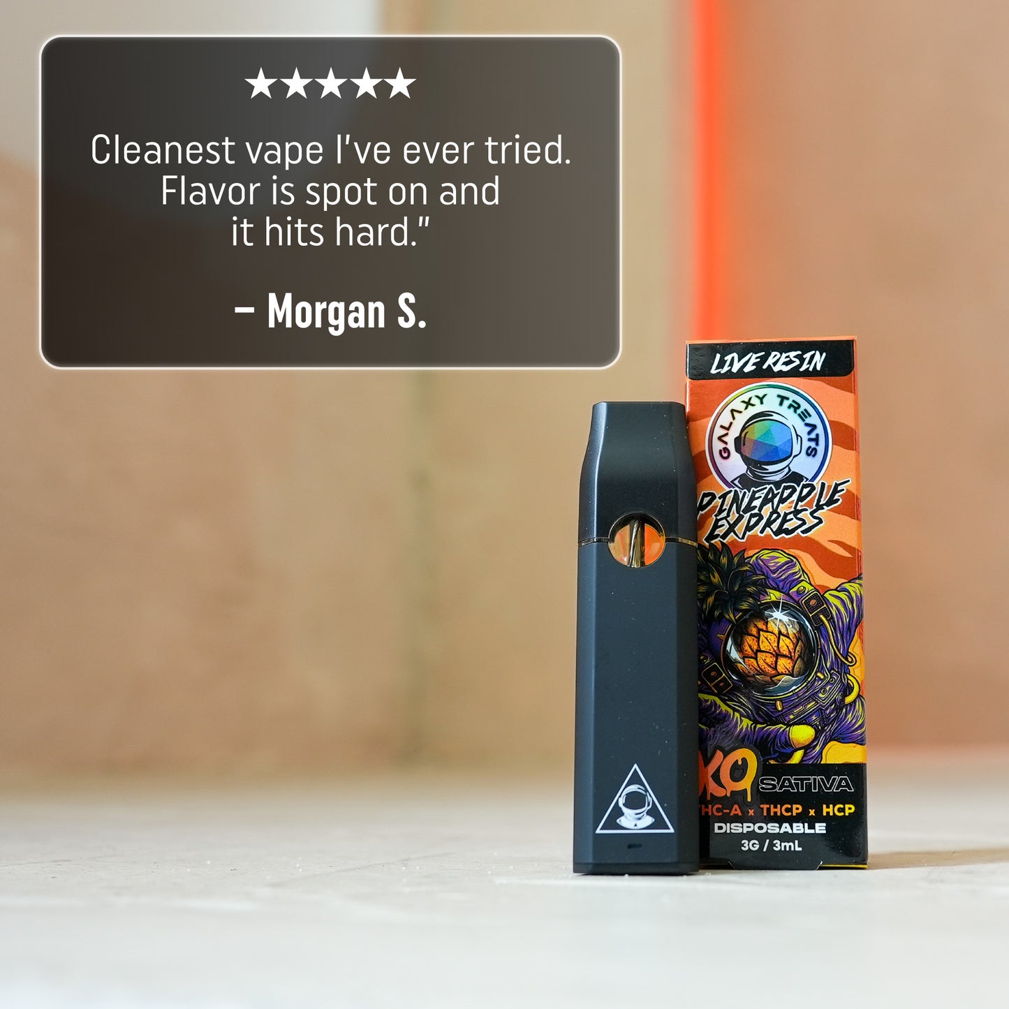 Pineapple Express Vape Pen - Live Resin Sativa - Front Shot of Packaging and Disposable Device - 5 Star Testimonial - Galaxy Treats in the U.S.
