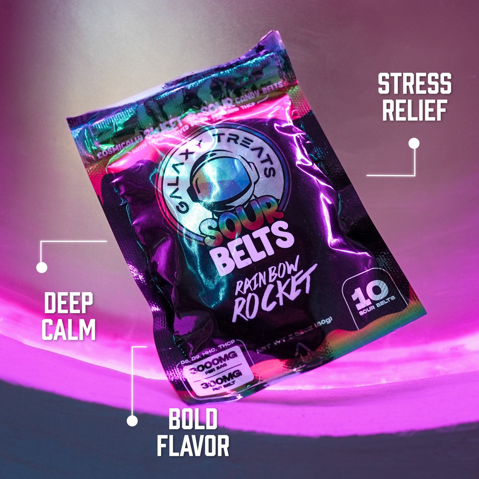 Rainbow Rocket Sour Belts - High Potency 300MG THC Edibles - Front Shot Packaging Image with Benefits - Galaxy Treats in the U.S.