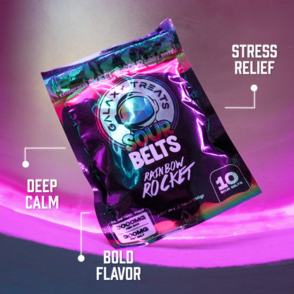 Rainbow Rocket Sour Belts - High Potency 300MG THC Edibles - Front Shot Packaging Image with Benefits - Galaxy Treats in the U.S.