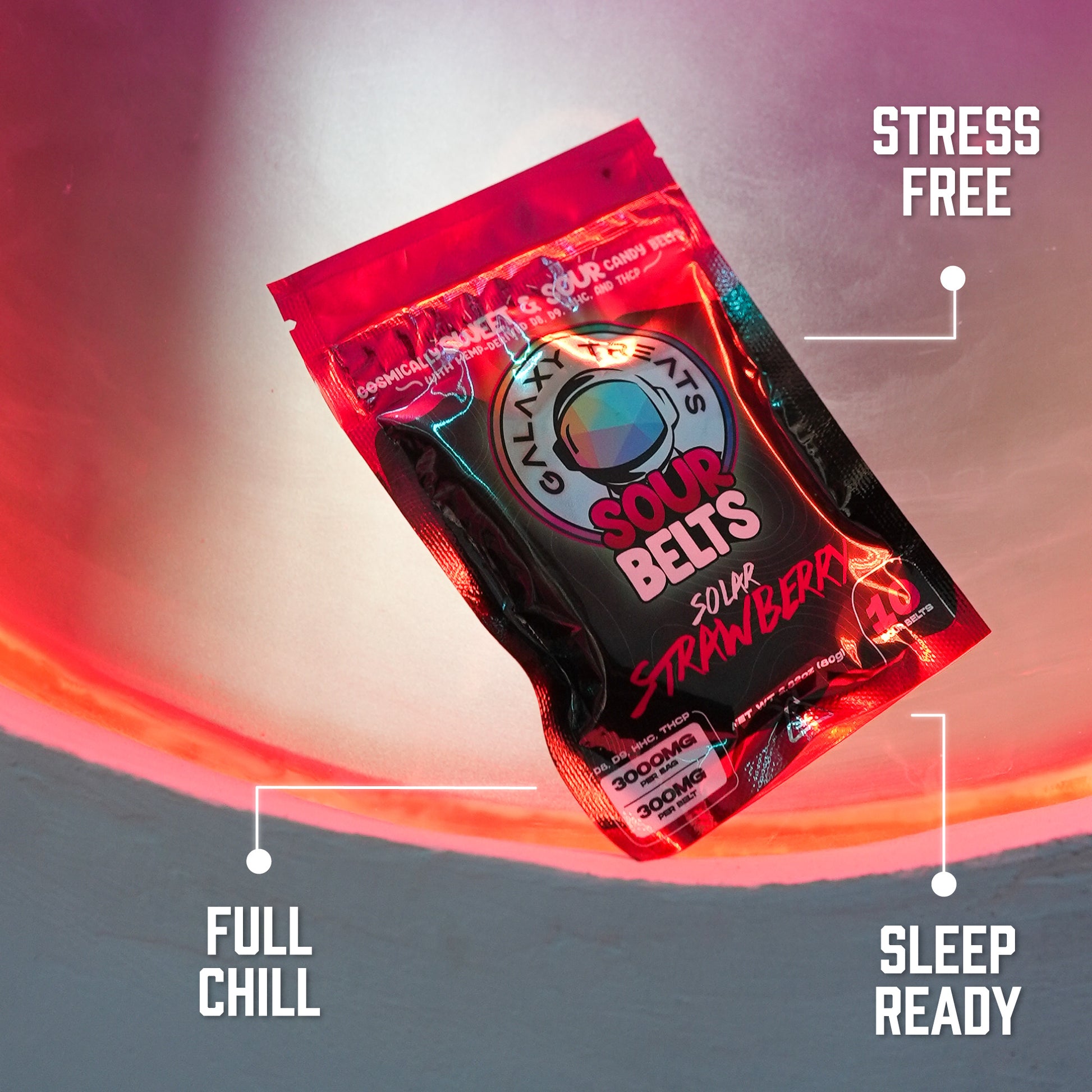 Solar Strawberry Sour Belts - High Potency 300MG THC Edibles - Front Shot Packaging Image with Benefits - Galaxy Treats in the U.S.