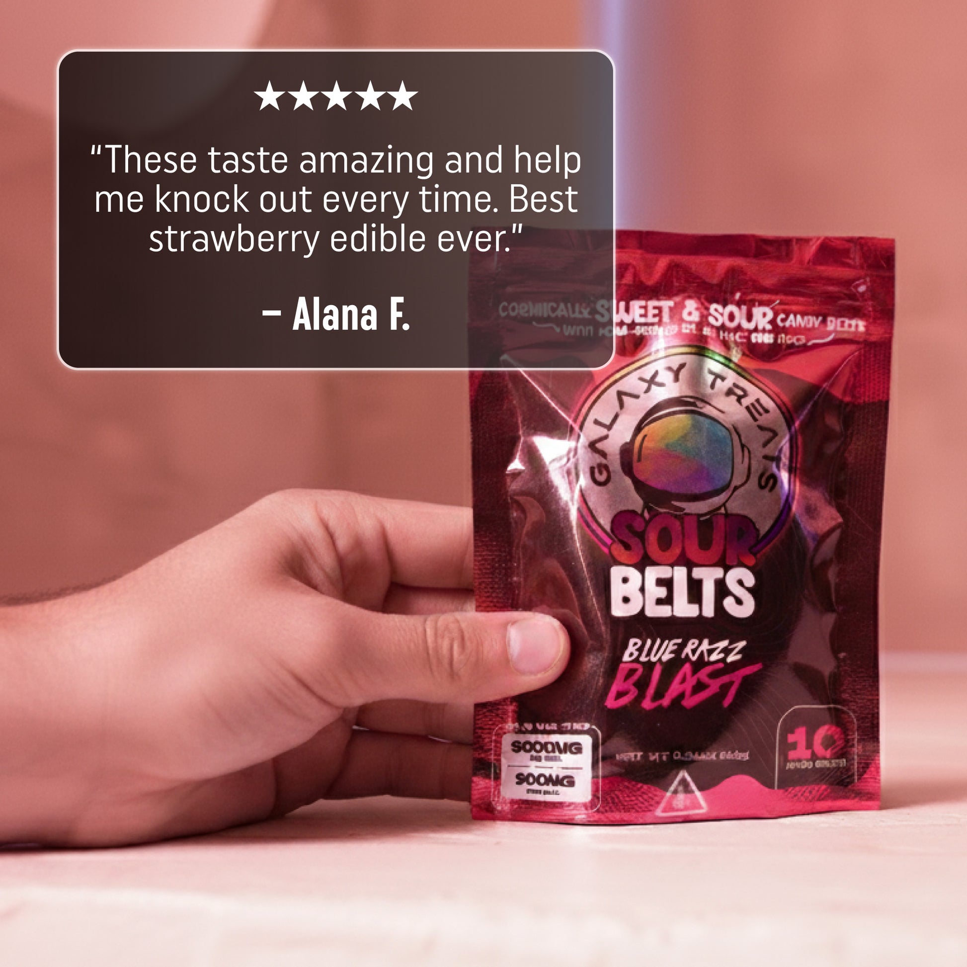 Solar Strawberry Sour Belts - High Potency 300MG THC Strawberry Flavored Edibles - Hand Holding Packaging - 5 Star Testimonial - Galaxy Treats in the U.S.