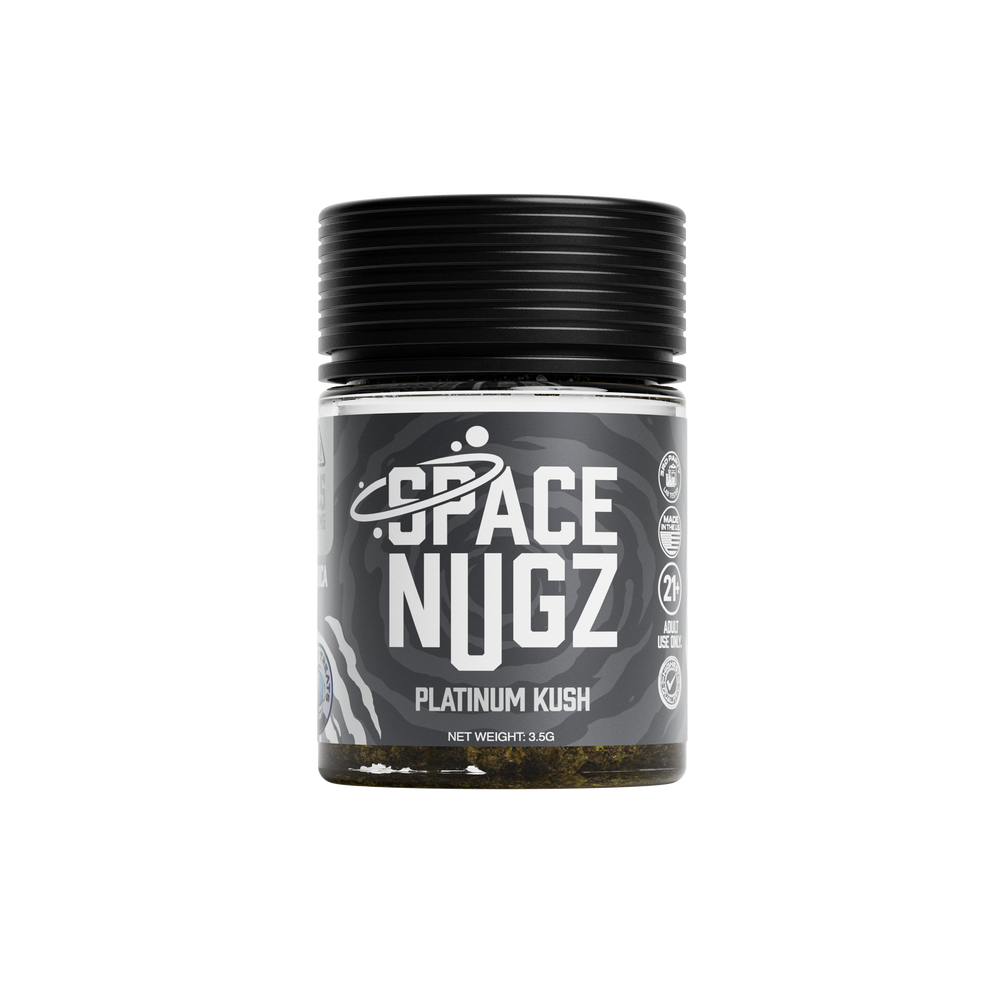 Platinum Kush THCA Flower - Indica Front Shot of Jar - Galaxy Treats in the U.S.