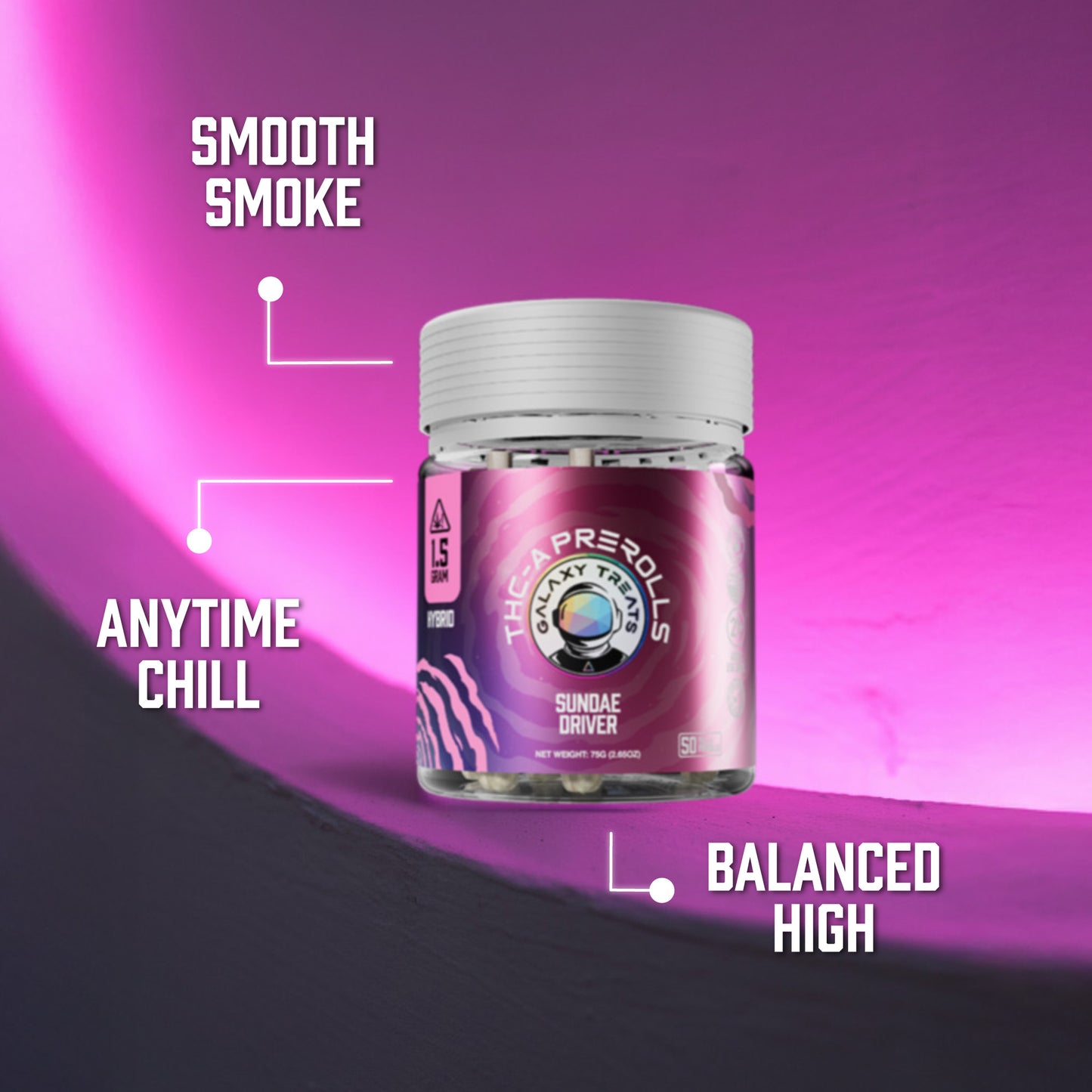 Sundae Driver THCA Prerolls - 1.5 Gram Hybrid Flower - Front Shot of Packaging on Pink Background - Hemp Derived Smokable Benefits - Galaxy Treats in the U.S.