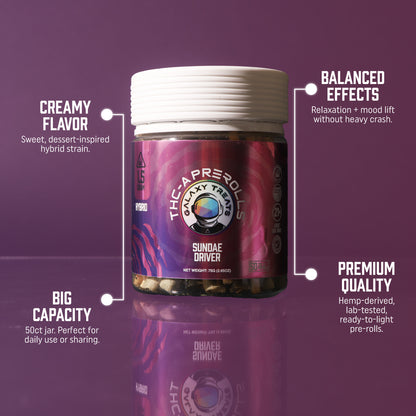 Sundae Driver THCA Prerolls - 1.5 Gram Hybrid Flower - Front Shot of Packaging - Hemp Derived Smokable Top Selling Points - Galaxy Treats in the U.S.