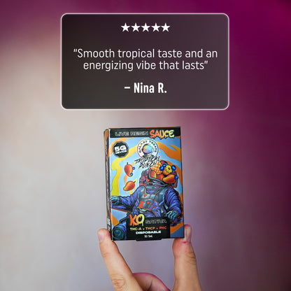 Tropical Punch 5 Gram Vape Pen - Live Resin Sativa - Hand Holding Packaging - 5 Star Testimonial - Galaxy Treats in the U.S.