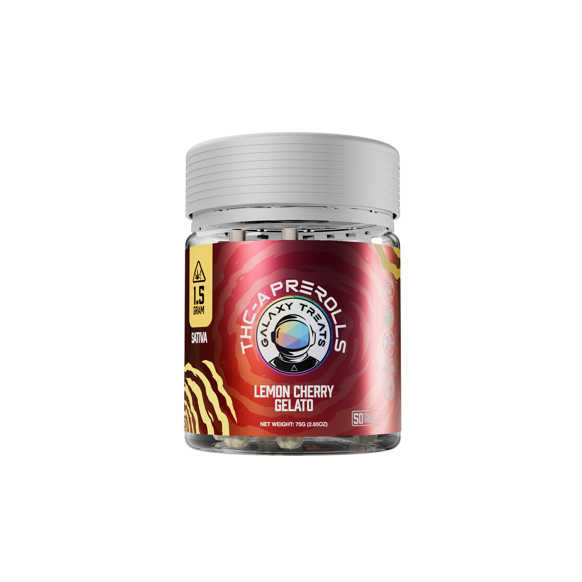 Lemon Cherry Gelato THCA Prerolls - 1.5 Gram Sativa Flower - Front Shot of Packaging Jar - Galaxy Treats in the U.S.