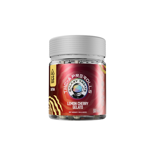 Lemon Cherry Gelato THCA Prerolls - 1.5 Gram Sativa Flower - Front Shot of Packaging Jar - Galaxy Treats in the U.S.