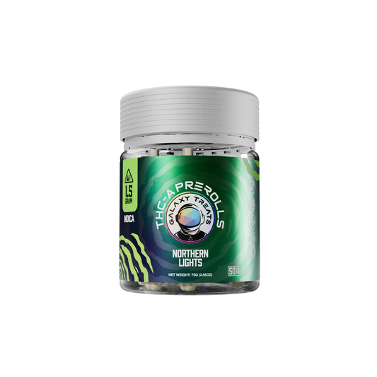 Northern Lights 50 Count THCA Prerolls - 1.5 Gram Indica Flower - Front Shot of Packaging Jar - Galaxy Treats in the U.S.