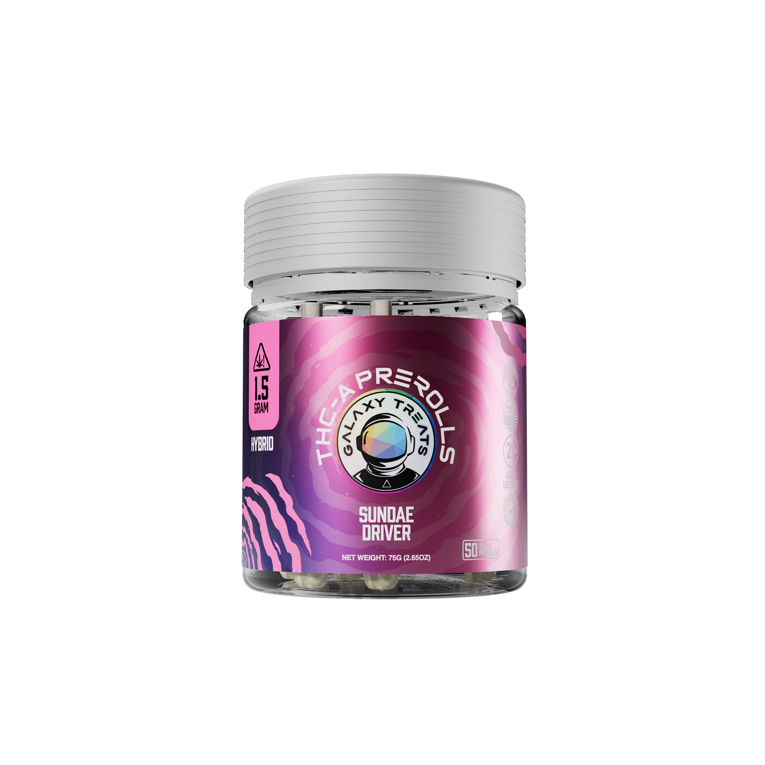 Sundae Driver 50 Count THCA Prerolls - 1.5 Gram Hybrid Flower - Front Shot of Packaging Jar - Galaxy Treats in the U.S.