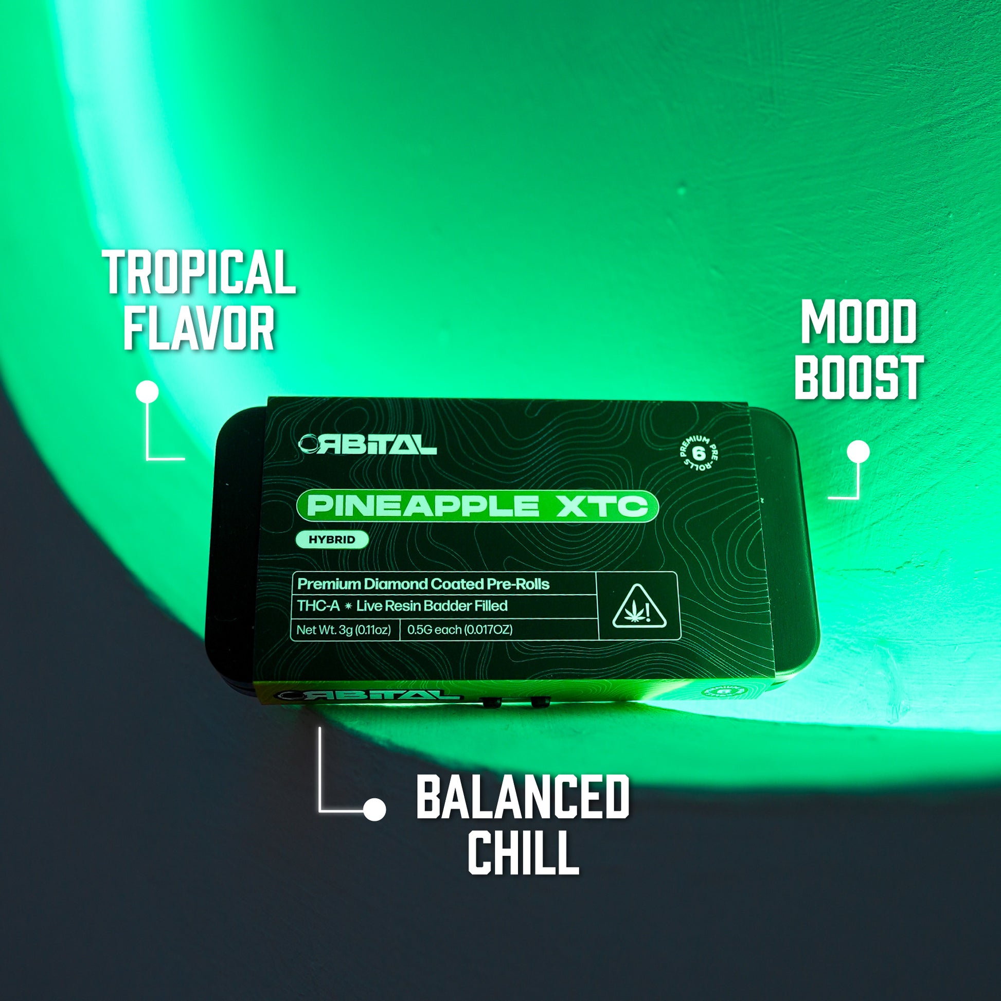 Pineapple XTC THCA Prerolls - .5 Gram Hybrid Flower - Front Shot of Packaging - Hemp Derived Smokable Benefits - Galaxy Treats in the U.S.