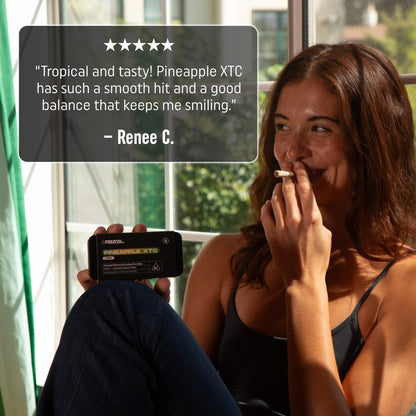 Pineapple XTC THCA Prerolls - .5 Gram Hybrid Flower - Woman Holding Preroll Tin and Preroll - Hemp Derived Smokable 5 Star Review - Galaxy Treats in the U.S.