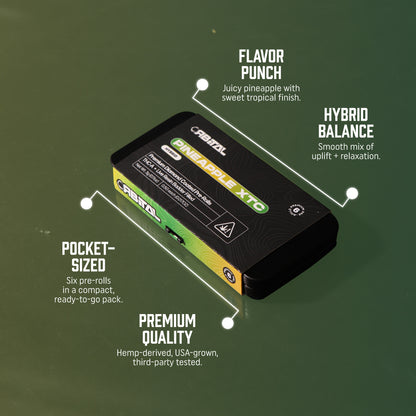 Pineapple XTC THCA Prerolls - .5 Gram Hybrid Flower - Front Shot of Packaging - Hemp Derived Smokable Top Selling Points - Galaxy Treats in the U.S.